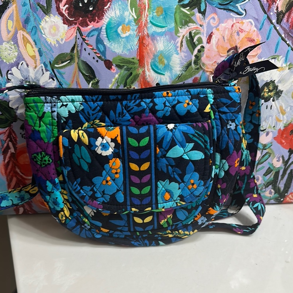 Vera Bradley Blue and Black Crossbody Bag with Floral Pattern